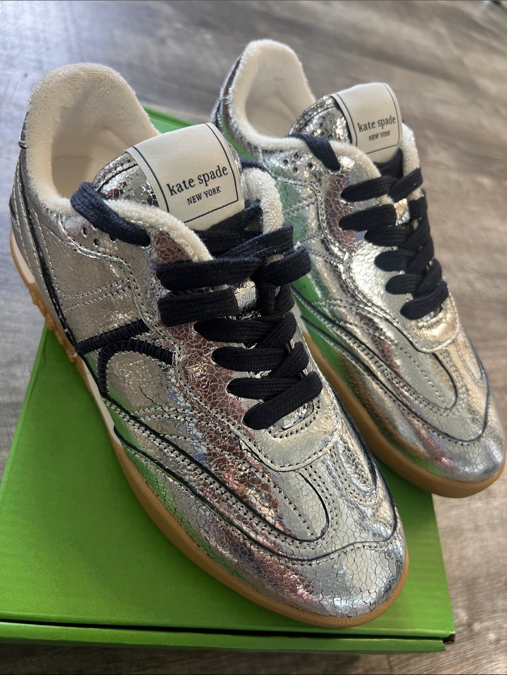 kate spade NEW Silver Metallic Leather Sneakers with Navy Laces size 6